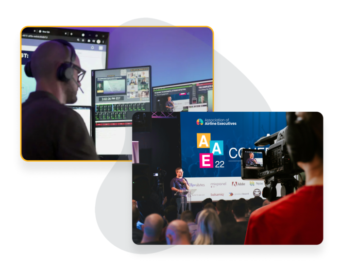 An image of a GoLive Professional producing a live stream event, and another image of a live event being recorded using a professional camera.