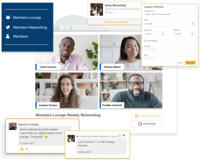 Ein Popup eines bestimmten Abschnitts in der Navigation, ein Screenshot von vier Rednern in einer Live-Event-Sitzung, Popups von Chats und Terminen und Networking.
