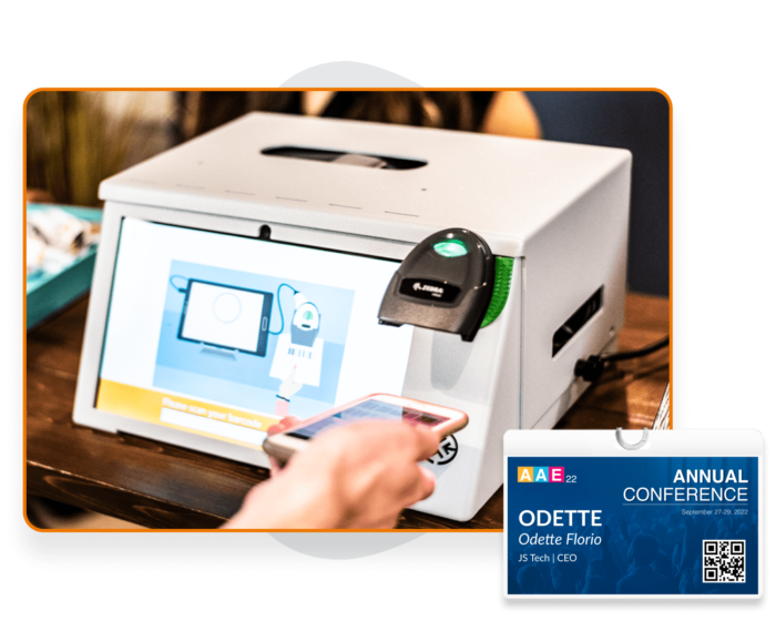 A photo of the check-in badge reader and an attendee scanning their badges to get into the event.