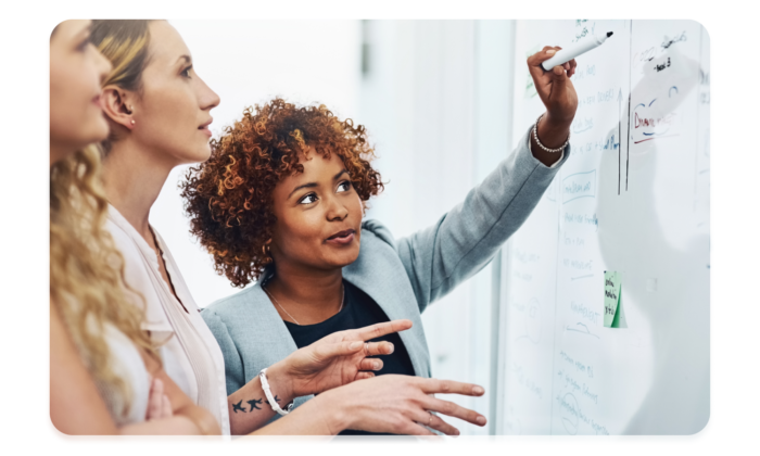 Three women discussing about strategy while looking at a whiteboard.