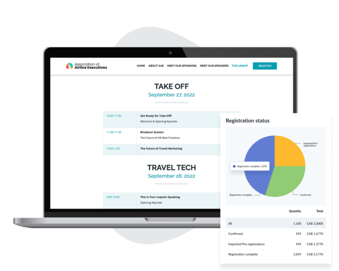 Ein Laptop, auf dem eine Website mit einem Veranstaltungsprogramm geöffnet ist; daneben ein Pop-up mit einer Grafik zum Registrierungsstatus des Events.