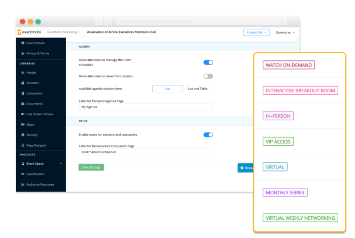 The Experience Manager’s Settings tab that provides control over event space settings. A list of an event’s various session tracks.