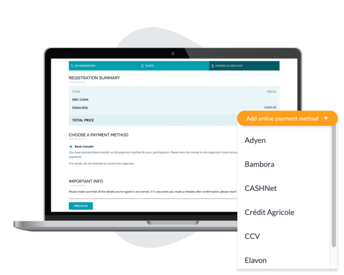 A laptop showing the front end ticketing options, and a popup showing the flexible payment options.