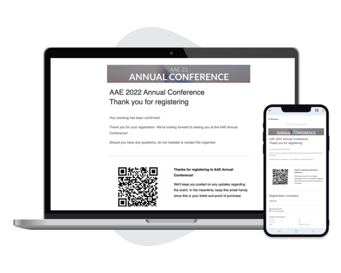 A laptop showing the confirmation email sent when a guest successfully registers for the event, and a mobile phone showing what it looks like on mobile view.