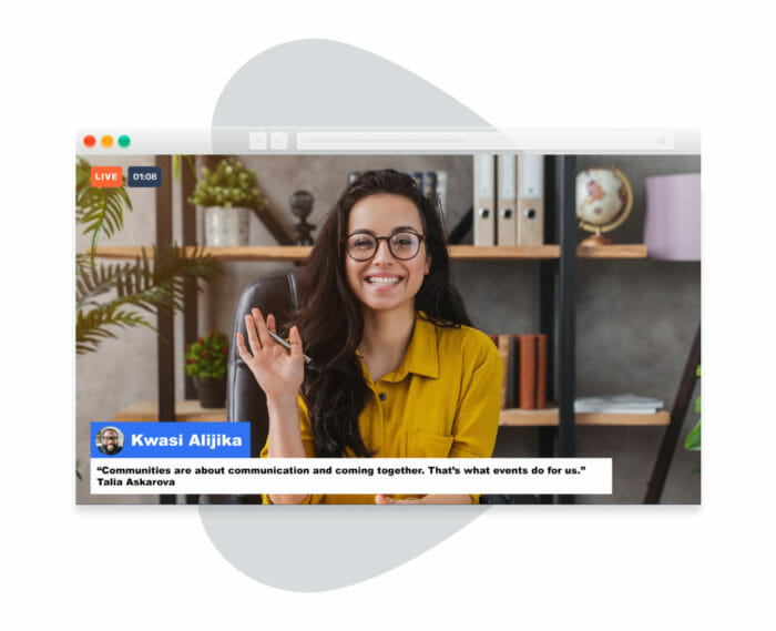 A browser screenshot showing a live stream hosted by a woman waving towards a camera; on the lower thirds is a participant's comment about the live session.