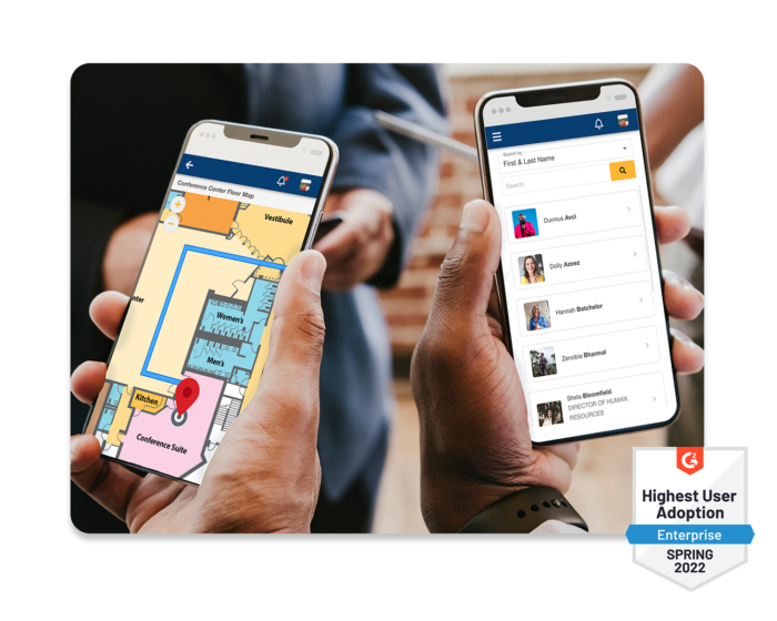 Two men holding mobile phones, with one phone showing a conference center’s floor map and the other a list of an event’s attendees. A G2 badge displays that EventMobi has a High User Adoption for Enterprise.