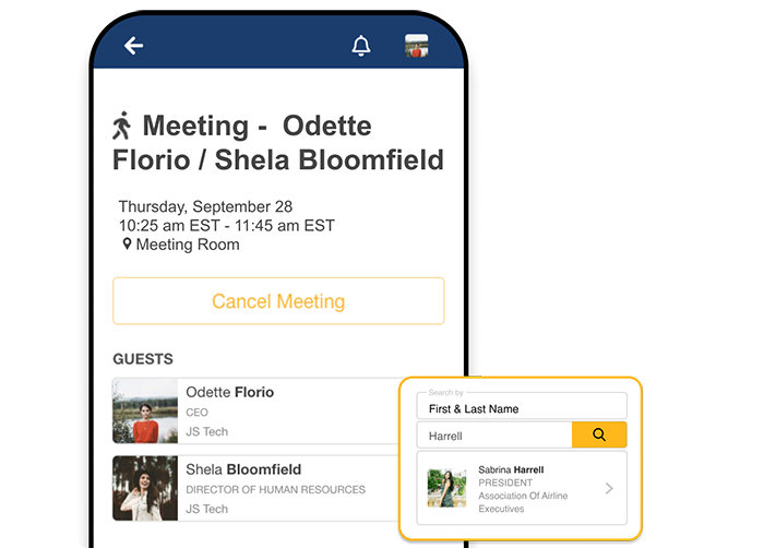 A mobile phone showing a 1-on-1 meeting between two attendees, and a popup showing the event app's People Search capabilities by searching for an attendee by their first and last name.