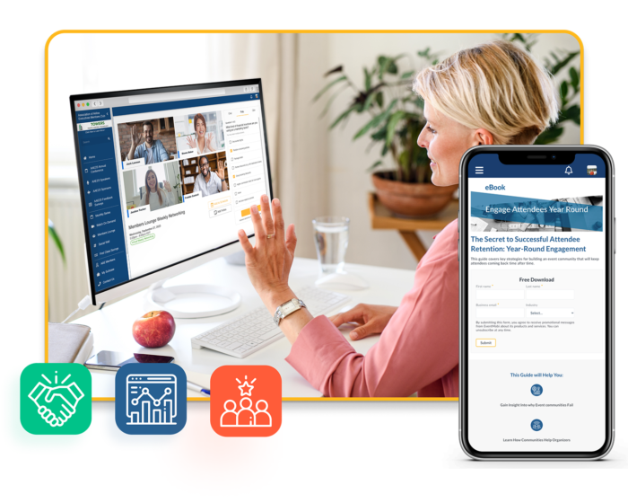 A woman engaging in a virtual breakout room, and a mobile phone showing a landing page for a Year-Round content download. Three popup icons show two hands shaking, a bar graph, and a group of people.