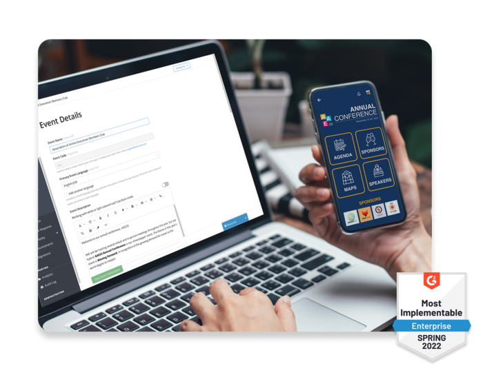 A laptop showing the experience manager, and a mobile phone showing the EventMobi Event App’s home screen.