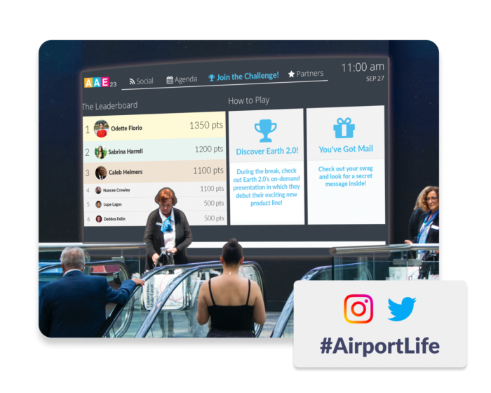 A Live Display at an in-person event, showcasing a leaderboard, a message from the event’s sponsor, and a notification to attendees. A popup displays the event’s hashtag #AirportLife.