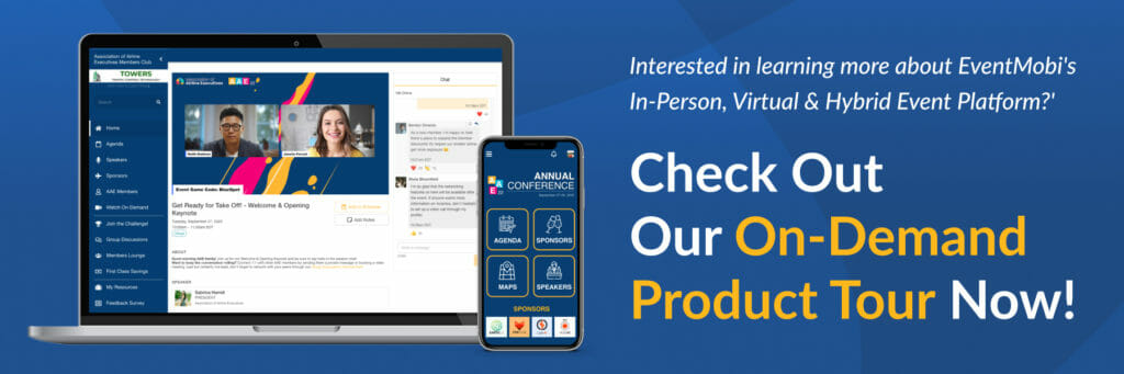 A phone screen that shows an event’s home page, a laptop screen that displays an event’s session page and chat, and a product tour CTA.