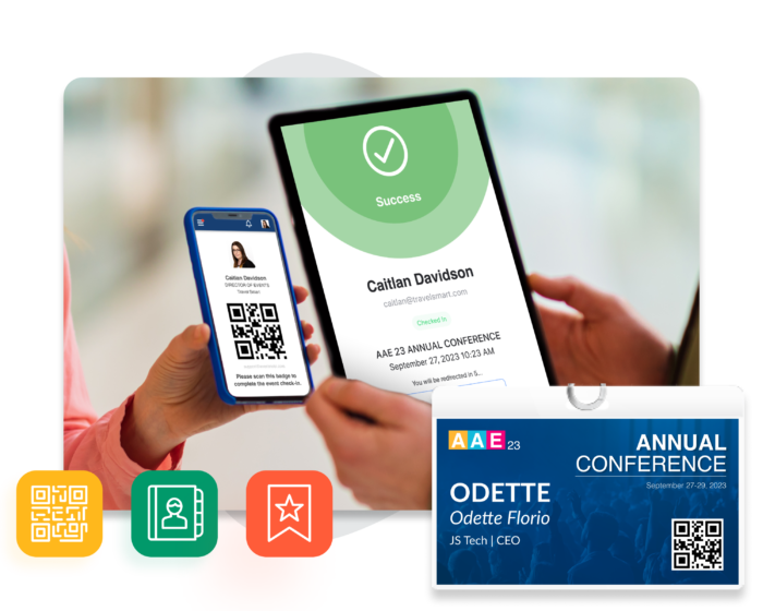 A phone screen showing an attendee's event badge. A tablet screen checks the attendee in. An event attendee’s on-site badge.