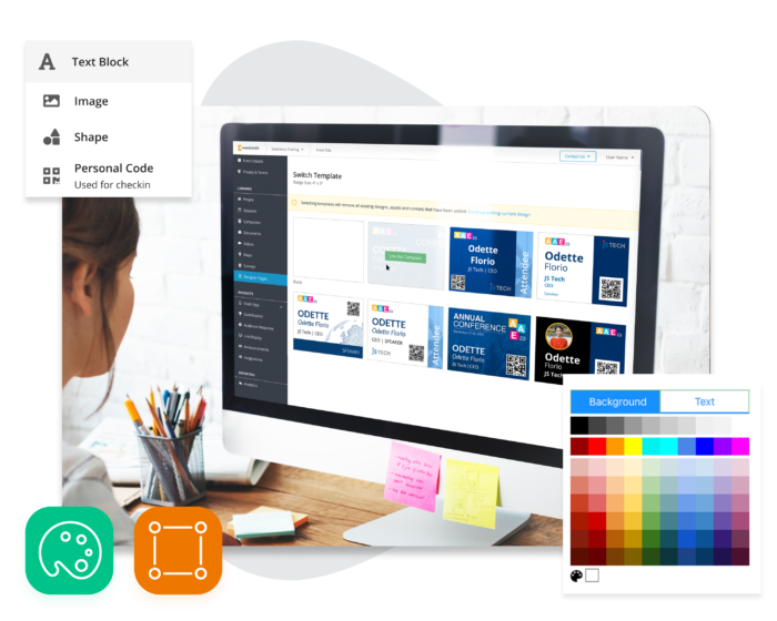 Eine Eventplanerin entwirft mit dem Badge-Designer-Tool von EventMobi Konferenz-Badges auf einem Desktop-Computer.