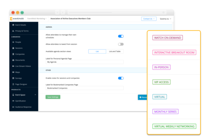 Die Experience-Manager-Seite für Eventportal-Einstellungen, daneben eine Liste mit verschiedenen Programmpunkt-Rubriken.