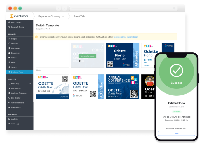 Ein Screenshot des Badge-Designer-Tools von EventMobi neben einem Telefon, das einen erfolgreichen Check-in-Bildschirm für Teilnehmer*innen anzeigt.