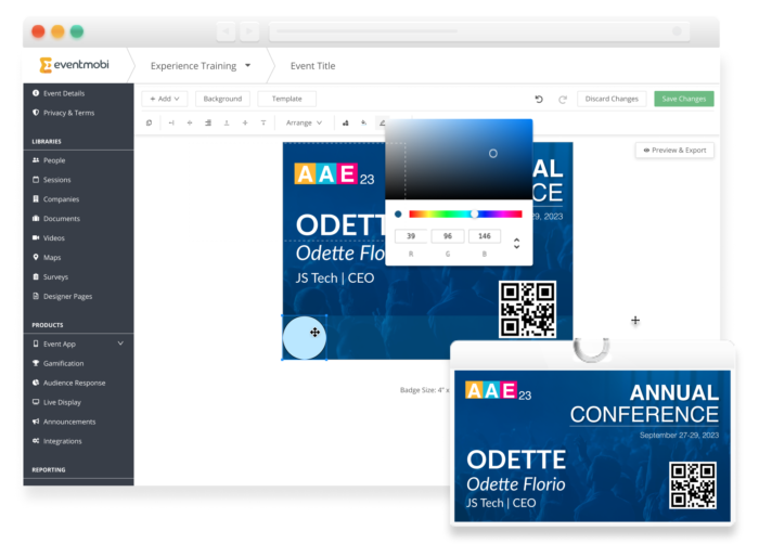 Ein Screenshot des Badge-Designer-Tools von EventMobi und ein Badge eines Vor-Ort-Event-Teilnehmers.