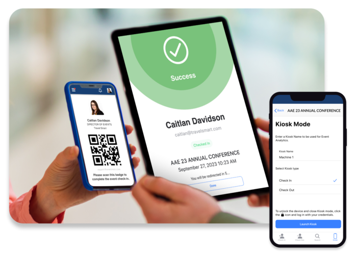 Ein Foto von Händen, die ein Smartphone mit Eventteilnehmerbadge und ein Tablet halten, auf dem die Bestätigung des erfolgreichen Check-ins zu sehen sind; überlappend ein weiteres Smartphone, auf dem die Check-in-Automaten-Funktion einer Event-App geöffnet ist.