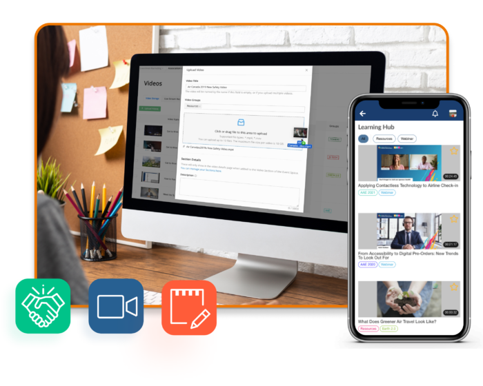 Image: Ein Eventplanungsprofi beim Upload eines Videos in die Mediathek des Experience Managers; daneben ein Smartphone, auf dem eine Mediathek unter dem Titel „Learning Hub“ in einer Event-App geöffnet ist; ergänzend drei einfarbige Icons.