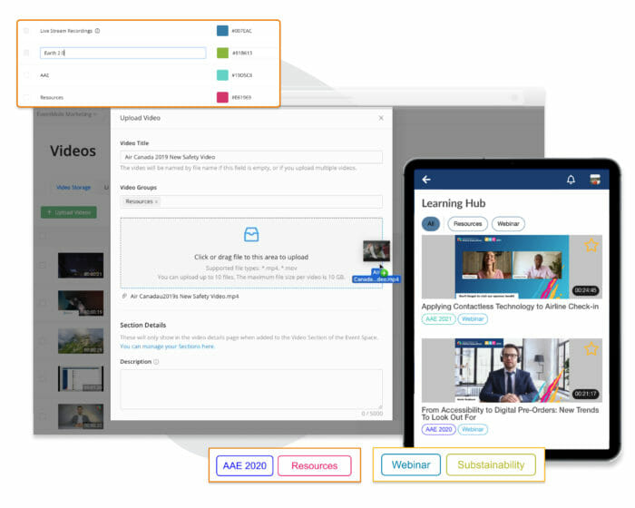 Image: A screengrab of a video being uploaded to the Experience Manager, a Video Library titled “Learning Hub” displayed on a tablet, and two popups showing a virtual event space’s video library groups.