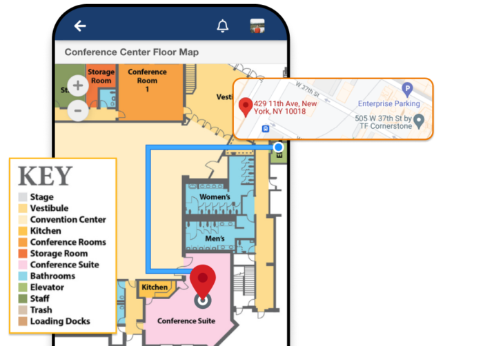 A mobile phone showing a map of the event venue with a pin leading to the conference suite. A popup shows the legend key of each section of the map, and another popup shows the Google Maps view of the event venue.