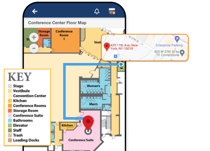 A mobile phone showing a map of the event venue with a pin leading to the conference suite. A popup shows the legend key of each section of the map, and another popup shows the Google Maps view of the event venue.