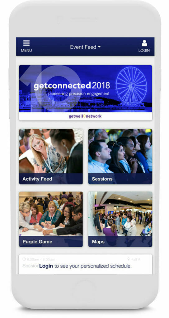 A screenshot of GetConnected 2018's event app homepage 