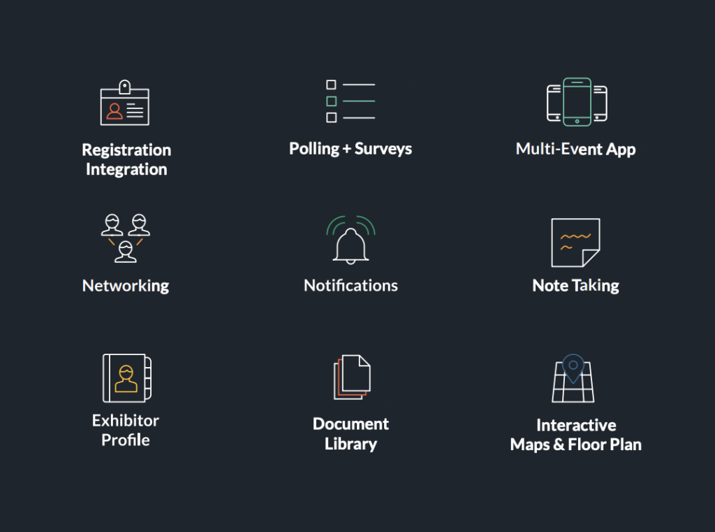 9 illustrated icons depicting the benefits of using an event app, including registration, polling, notifications, and more.