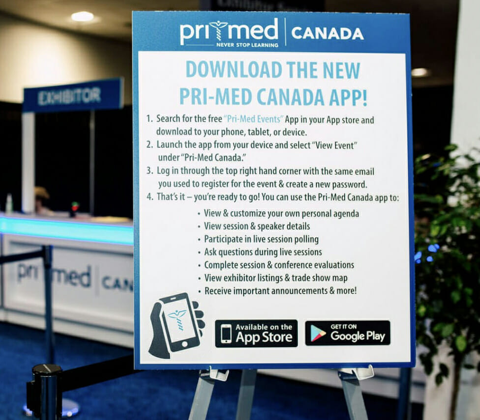 A Pri-Med poster directing attendees to download the Pri-Med Canada event app. 