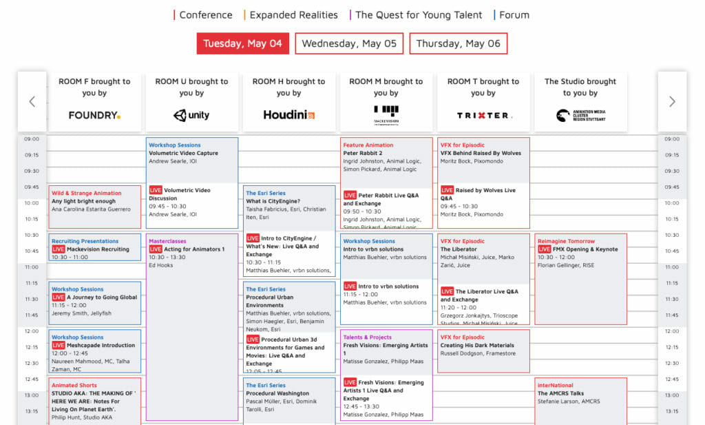 A calendar view of Reimagine Tomorrow's line up of speakers, workshops, and presentations
