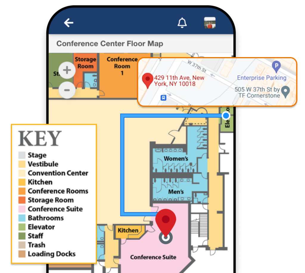 Ein Smartphone, auf dem der Raumplan einer Event-Venue geöffnet ist, mit einer Markierung des Konferenzsaals; daneben ein Pop-up mit einer Legende für die Elemente des Lageplans und ein weiteres Pop-up mit der Markierung des Veranstaltungsorts in einem Google-Maps-Ausschnitt.