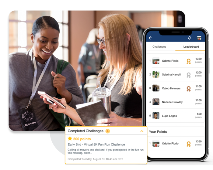 Two event attendees excitedly look at a phone screen. A floating popup displays a completed challenge, while a phone screen shows an event’s Gamification leaderboard.