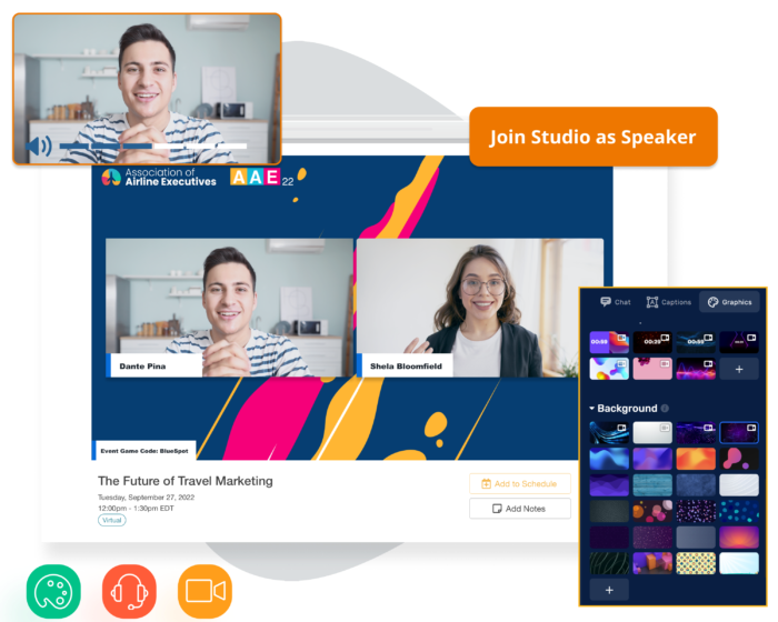Ein Bildschirm, der die Live-Stream-Übertragung einer Veranstaltung anzeigt, ein Popup-Bildschirm mit animierten Live-Streaming-Hintergründen, ein Button "Join Studio as Speaker" und 3 kleine illustrierte Symbole.