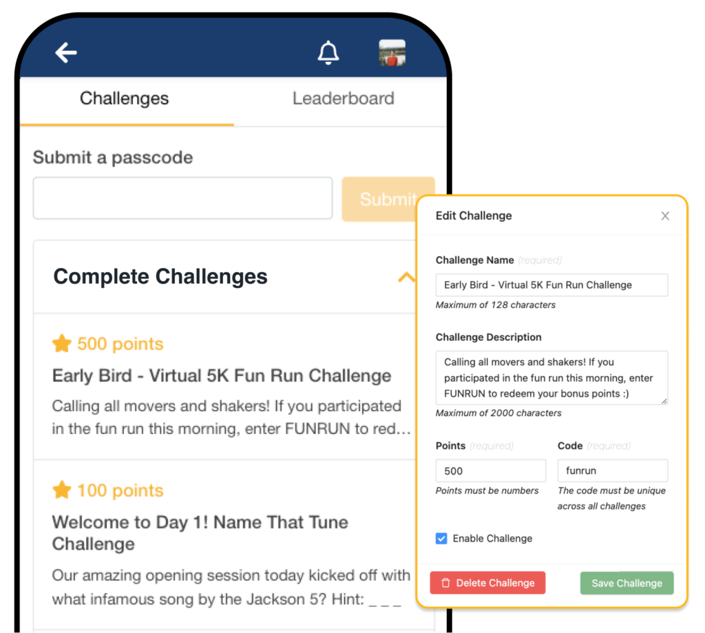 A phone screen displays an event’s Gamification challenges. A floating popup shows the Experience Manager’s Edit Challenge feature.