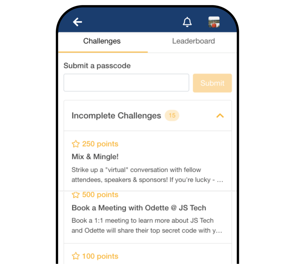 A phone screen displays an event attendee’s Incomplete Gamification Challenges.