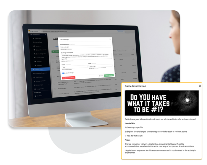 An event organizer edits a Gamification challenge on her desktop. A floating phone screen displays Game information, including instructions on How to Win and Prize details.