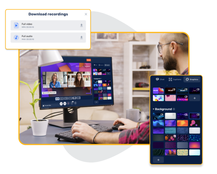 An event organizer uses EventMobi Studio to easily create a live-streamed event. Two floating pop-ups illustrate live-stream download options and background options