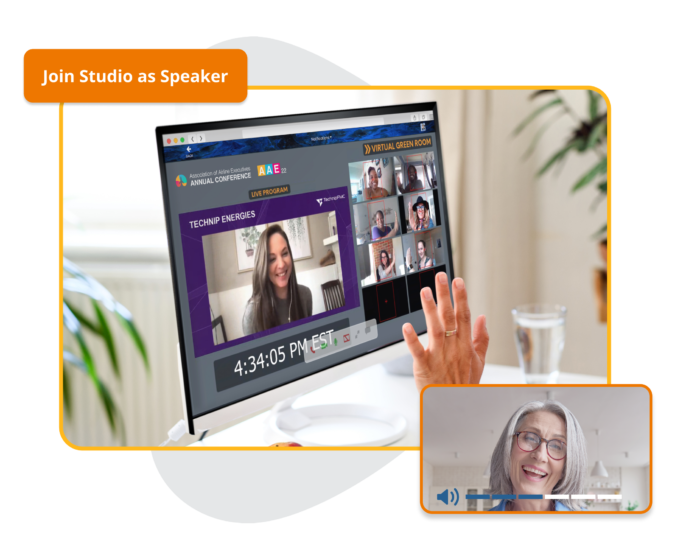 An event’s virtual Green Room with participants waving and smiling, and a floating “Join Studio as Speaker” button