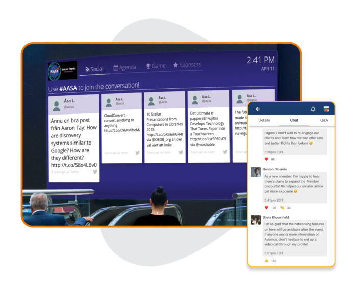 An event’s Social Wall, alongside a floating phone screen displaying the event’s Live Chat feature with participants interacting with one another