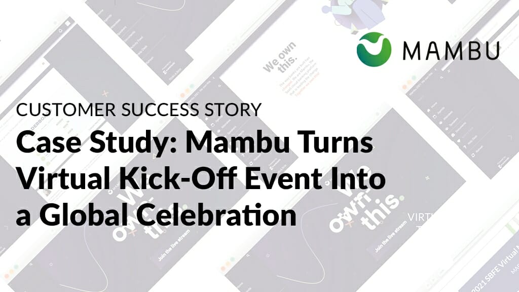 Customer Success Story banner, with Mambu's Virtual Event Space in the background. 