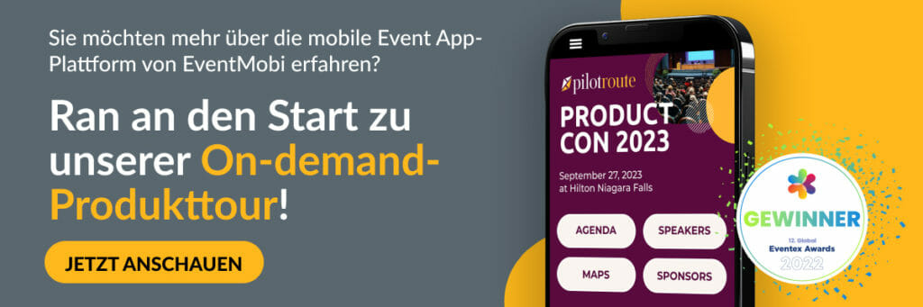 Ein Produkt-Tour-Banner für die mobile Event App-Plattform von EventMobi mit “Jetzt ansehen”-Button.