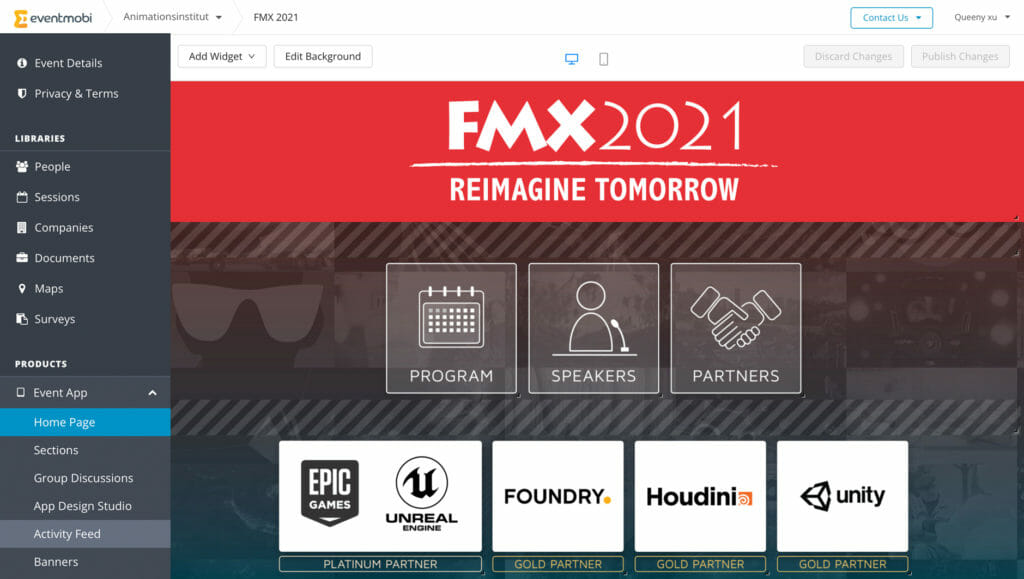 FMX 2021's "Reimagine Tomorrow" virtual Event Space's homepage, complete with Program, Speakers, Partners, and Sponsors widgets 