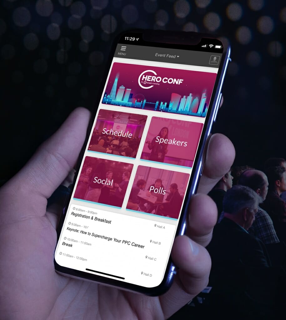 Hero Conf Event App's homepage, with widgets for attendees to view their schedule, upcoming speakers, social posts and polls. 