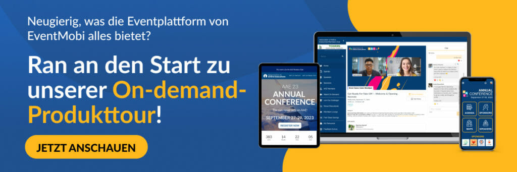 Banner für die On-demand-Produkttour für die Eventplattform von EventMobi mit dem Button "Jetzt anschauen"