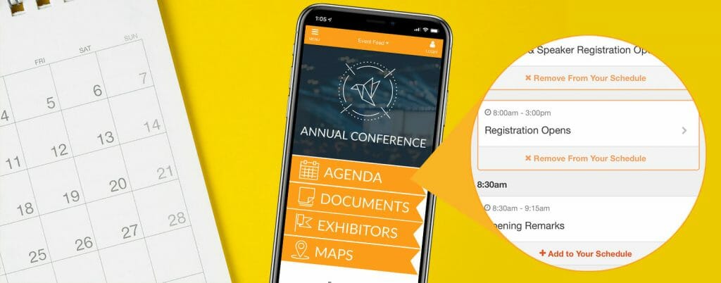 Banner mit einem Kalender neben einem Smartphone, auf dem die Startseite der Event-App geöffnet und die Agenda hervorgehoben ist.