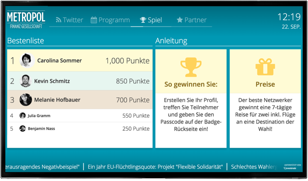 Gamification-Bildschirm in der EventMobi Eventmanagement Software mit Anzeige der Bestenliste eines Event-Spiels.