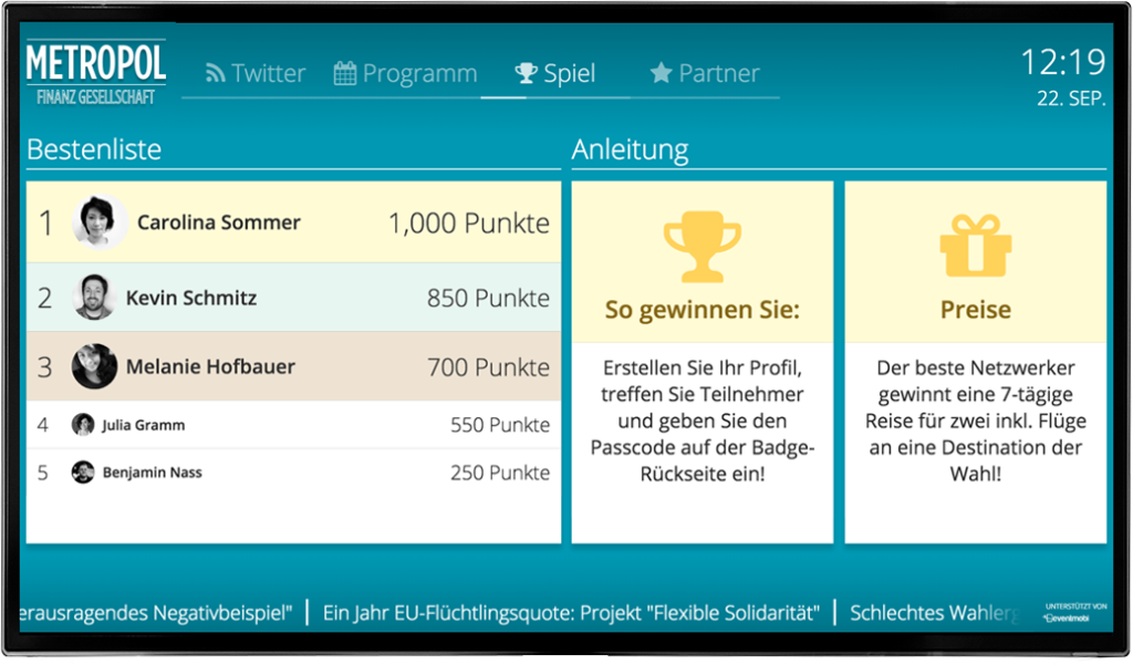 Gamification-Bildschirm in der EventMobi Eventmanagement Software mit Anzeige der Bestenliste eines Event-Spiels.