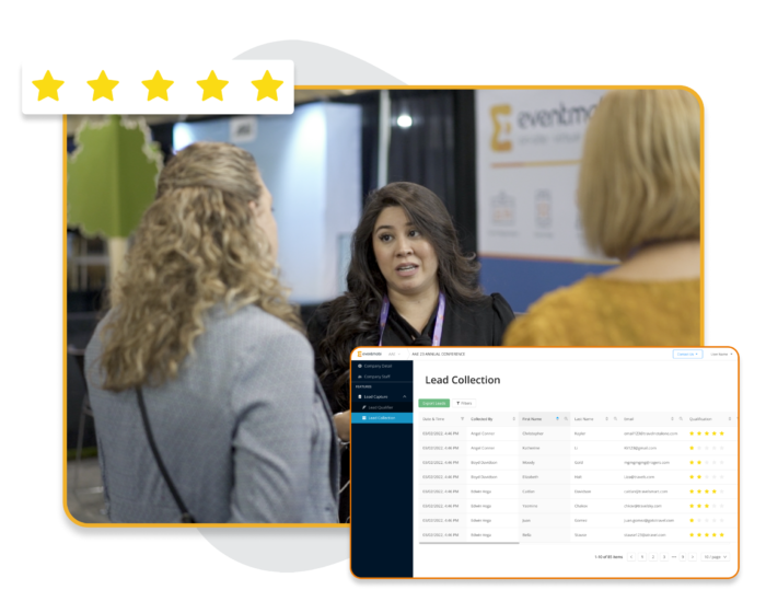 Three people having a conversation at an event, overlaid with a five-star rating and a screenshot of EventMobi's lead capture portal.