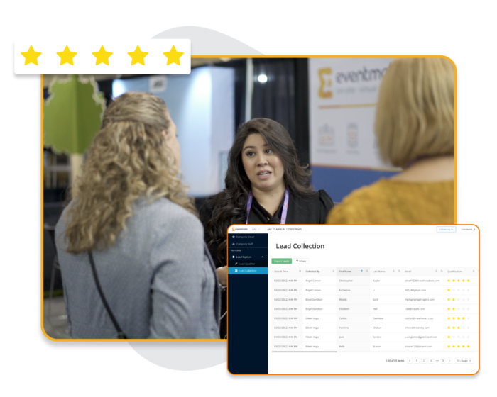 Three people having a conversation at an event, overlaid with a five-star rating and a screenshot of EventMobi's lead capture portal.