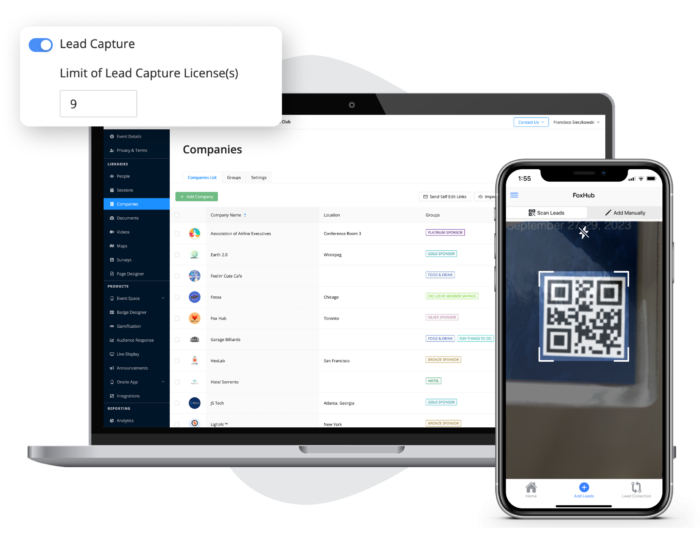 A layered image shows the different elements of EventMobi's lead capture software, including the companies listed in the lead capture portal.