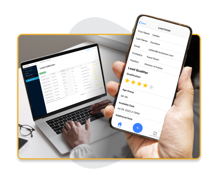 A person reviews their EventMobi lead capture portal on a laptop. In the foreground, lead details are listed on a smartphone.